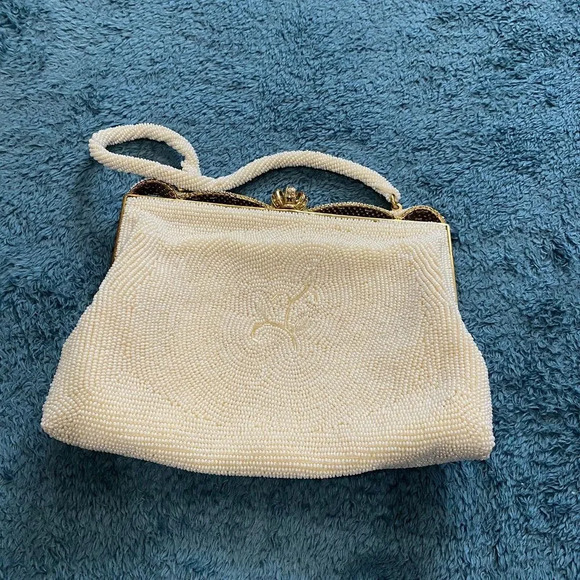 Vintage Women's Handbag Made In Japan Ivory White Italian Bead Purse Clasp - Picture 13 of 16